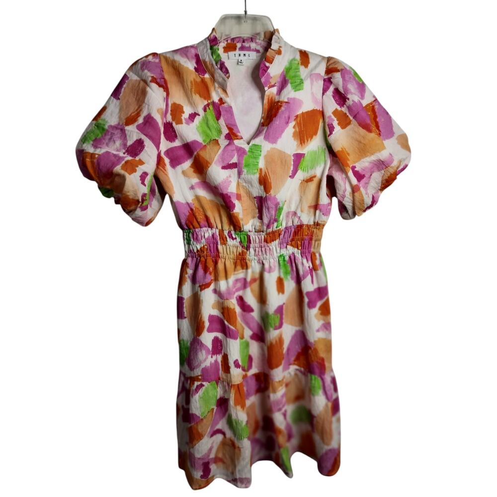 5585) THML Multi Watercolor Smocked Print Flutter Dress Small - Picture 2 of 10